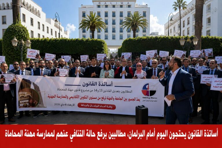 تصعيد أكاديمي غير مسبوق بالرباط.. أساتذة القانون ينزلون للاحتجاج أمام البرلمان للمطالبة برفع التنافي مع مهنة المحاماة